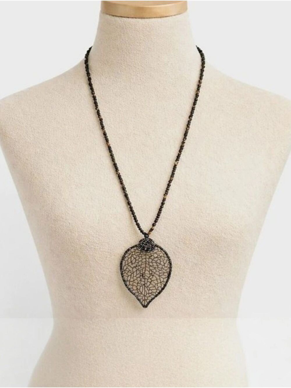 Artisan Silver Filigree Leaf Pendant Necklace Black Beaded Chain Rhinestones